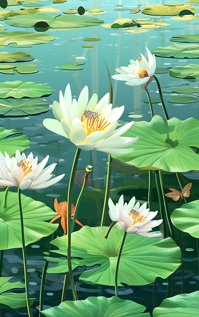 绿色小清新风格池塘里荷叶荷花插画,插画/手绘图,插画/手绘图库,插画/手绘图下载,插画/手绘